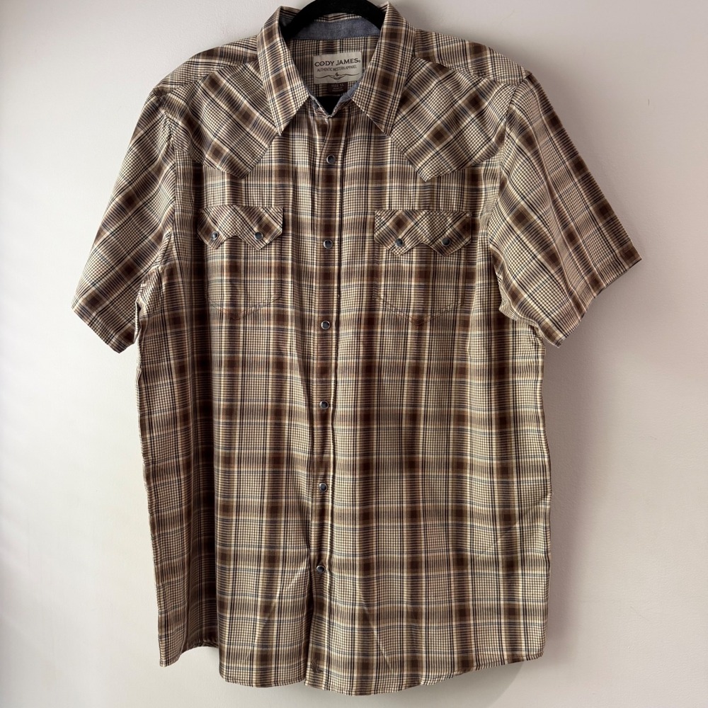 Cody James Western Shirt Mens XL Brown Plaid Pearl Snap Short Sleeve Excellent